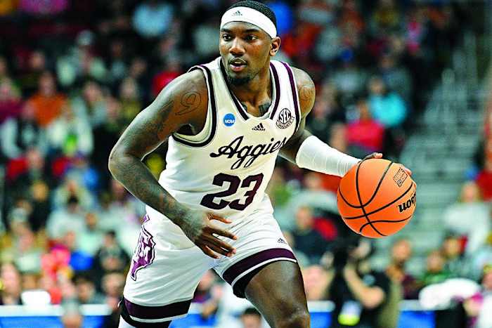 Texas A&M Aggies guard Tyrece Radford dribbles the ball against the Penn State Nittany Lions during the first half at Wells Fargo Arena.